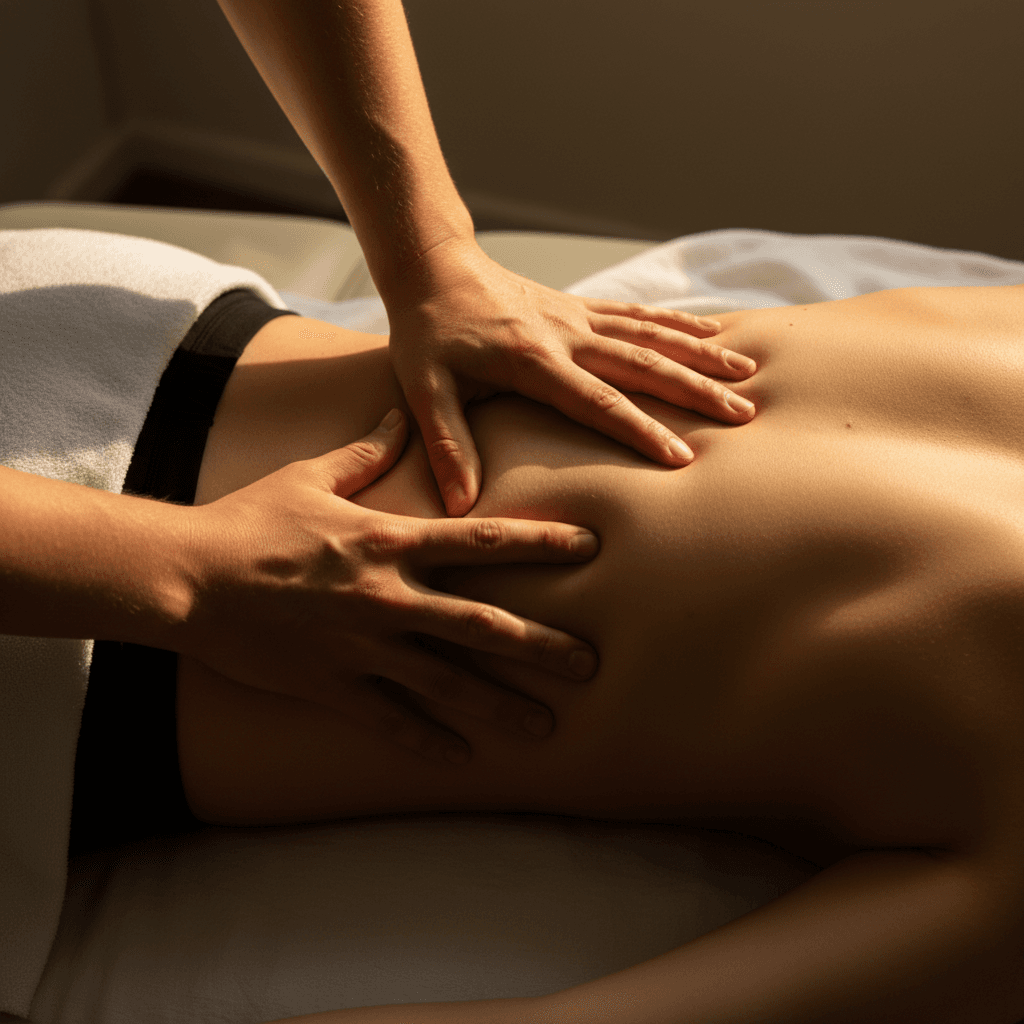 Therapist's hands performing manual therapy on a client's lower back