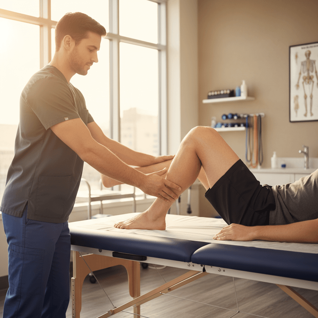 Physical therapist hands guiding patient's leg through controlled stretching exercise on treatment table in bright clinic