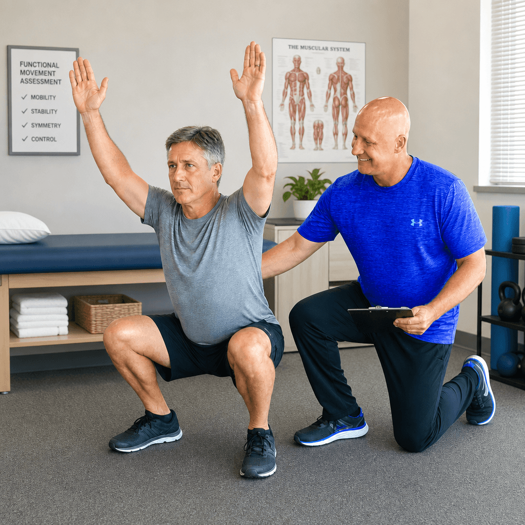 Man performing overhead squat during functional movement assessment while therapist observes with a clipboard.