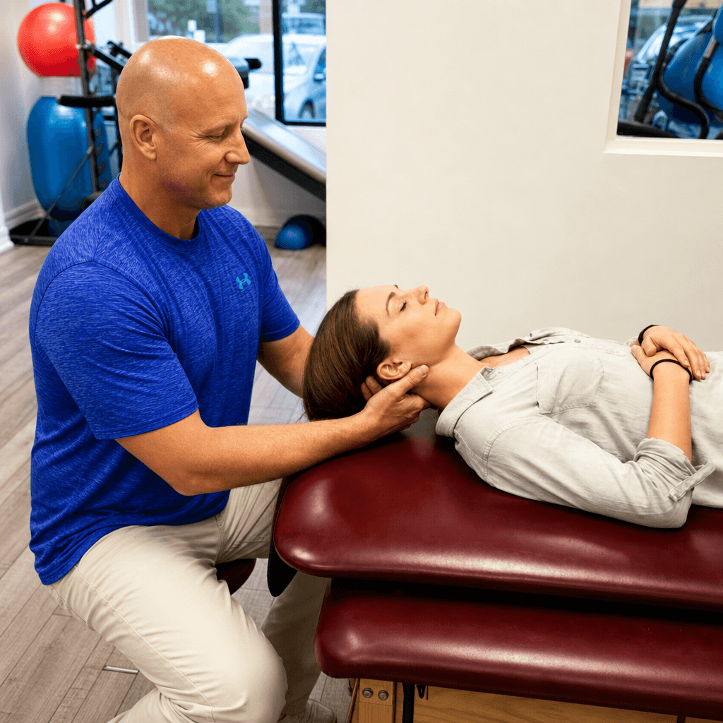 Male therapist in a blue shirt adjusts a woman's neck on a red table.