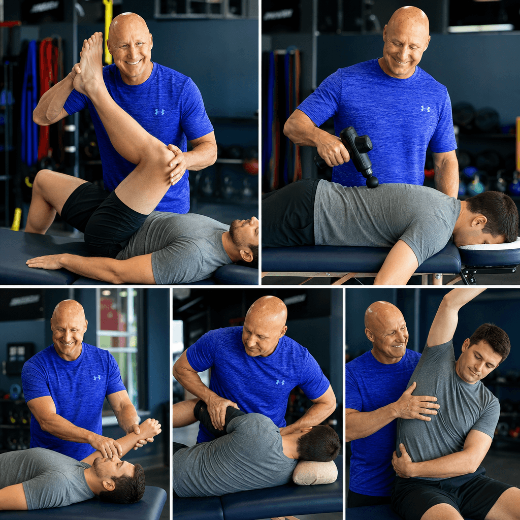 Physical therapist performing manual therapy, stretching, and massage gun treatments on a male client.