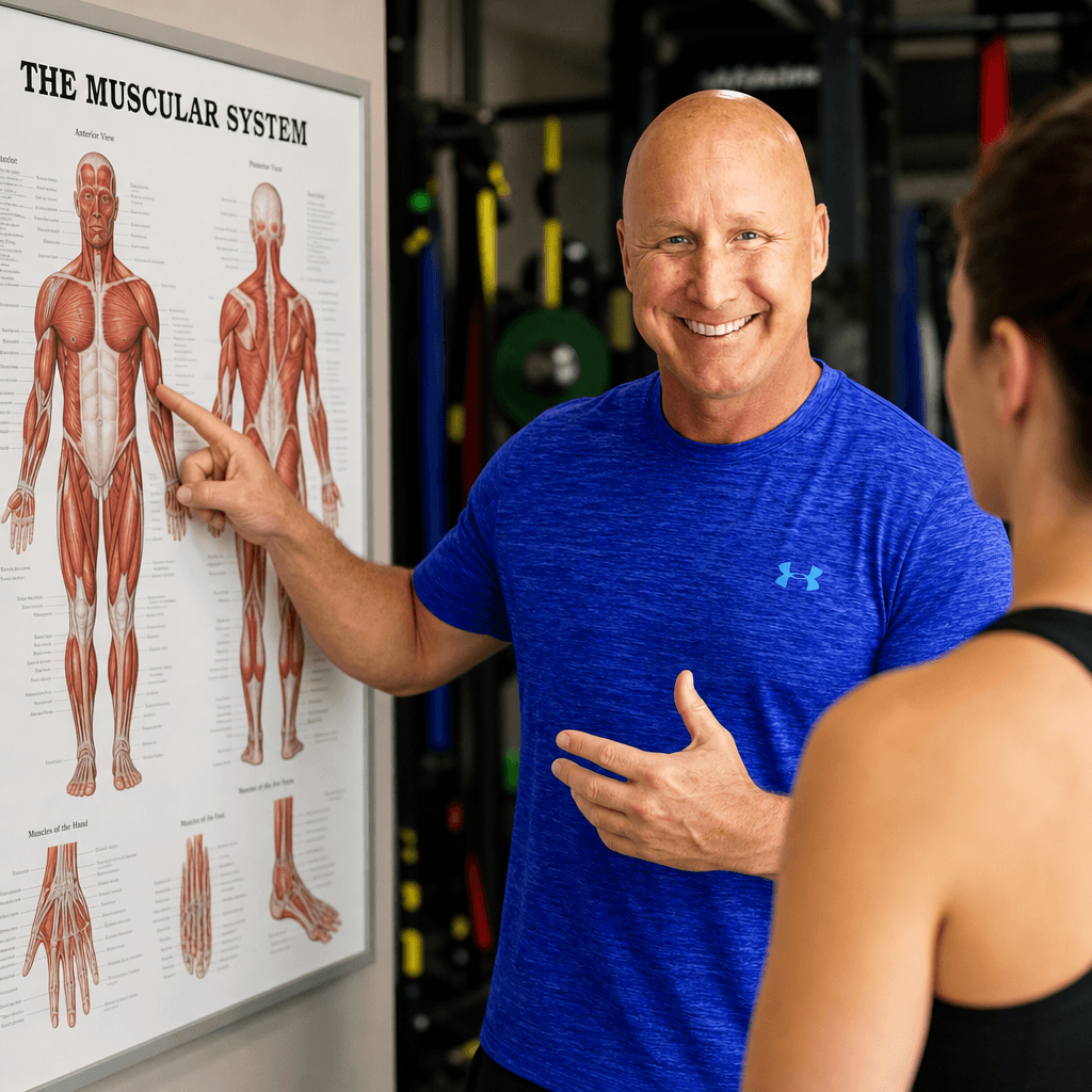 Smiling man in blue shirt points to a muscular system poster while instructing a woman.