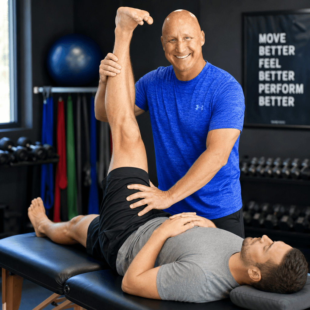 Smiling physical therapist in a blue shirt stretches a patient's leg on a treatment table.